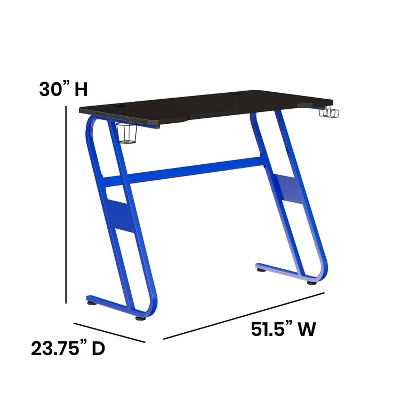 Sleek Blue and Black Ergonomic Gaming Desk with Cup Holder and Headphone Hook