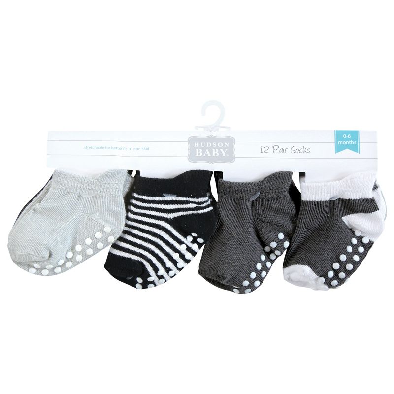 Hudson Baby Infant Boy Non-Skid No-Show Socks, Black White Stripes, 3 of 10