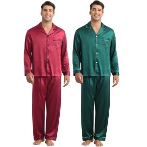 INSPIRE CHIC Men's 2 Pack Sleepwear Button Down Long Sleeve Classic Satin Pajamas Sets - 1 of 4