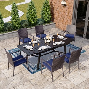 Captiva Designs 7pc Patio Slat-top Expandable Metal Dining Table & Armrest Wicker Chairs with Cushions - 1 of 4