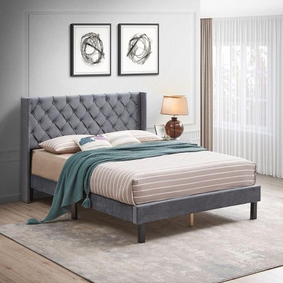 Streamdale Velvet Button Tufted-Upholstered Bed with Wings Design - Strong Wood Slat Support - Easy Assembly - Gray, Queen, platform bed