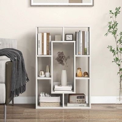 White Geometric 7-Cube Wood Bookshelf with Anti-Toppling Device