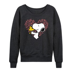 Women's - Peanuts - Snoopy Woodstock Xo Heart Lightweight French Terry Wide Neck Long Sleeve Shirt - 1 of 4