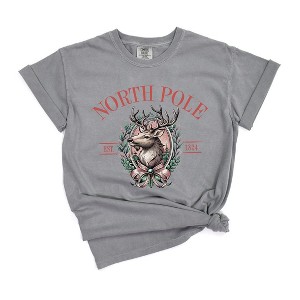 Simply Sage Market Women's North Pole Reindeer Oval Wreath Short Sleeve Garment Dyed Tee - 1 of 4
