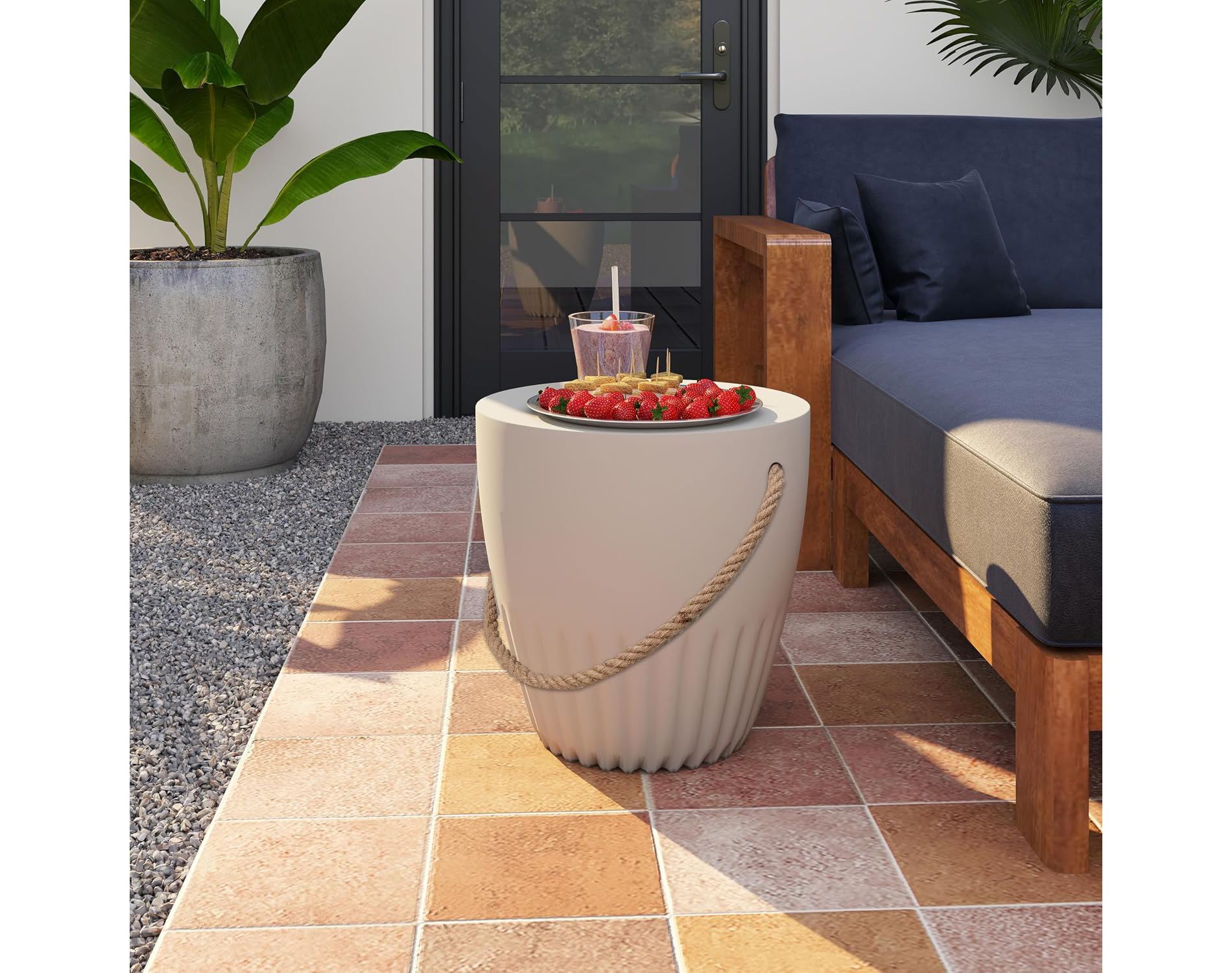 Heynemo 16.5" Round Outdoor Side Table, MgO Stone Patio Accent Table for Patio and Garden