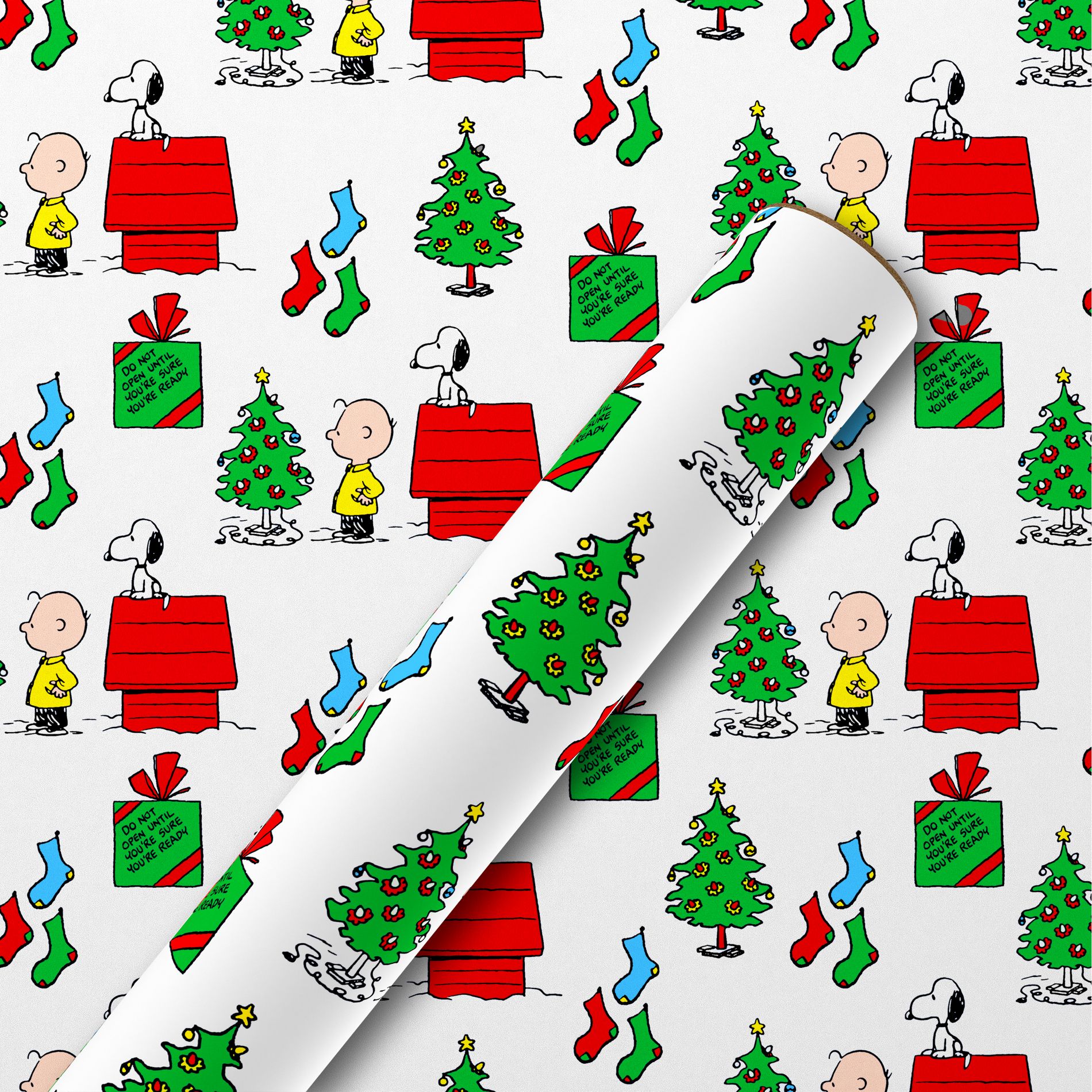 American Greetings 30" 25 sq ft White Kraft Peanuts Charlie Brown And Snoopy With Icons Gift Wrap