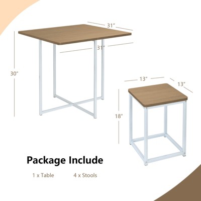 Natural Wood and White Compact Dining Table Set with 4 Stools