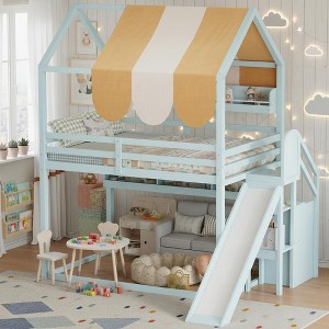Polibi Full Size House Loft Bed with Slide, Shelves & Canopy - 1 of 4