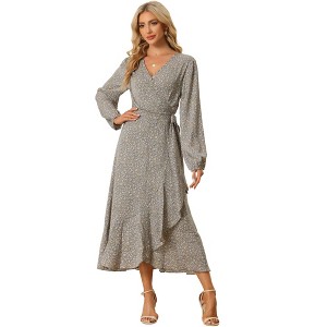 Allegra K Women's Floral Long Sleeve Wrap Tie Waist Ruffle Split Hem Boho Maxi Dress - 1 of 4