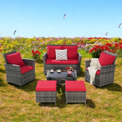 Mshliw 6-Piece Wicker Patio Furniture Set with Ottoman & Tempered Glass Coffee Table – Rattan & Cushions for Outdoor Garden, Patio, or Balcony