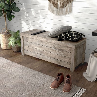 Weathered Oak Farmhouse Storage Bench with Slide Top