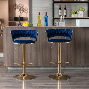 TiramisuBest Set of 2 Velvet Bar Stools with Chrome Footrest & Base, Swivel Height Adjustable Mechanical Lift, Golden Legs, Modern Navy - 1 of 4