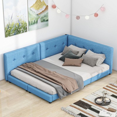 CAVINAS Upholstered Floor Bed Queen Size Modern Wooden Bed Frame with Headboard and 2 Ports for Bedroom