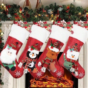 4 Pack Xmas Stockings 19'' Snowflake Santa Snowman Reindeer Penguin Faux Cuff Home Decor Stairs Fireplace Hanging - 1 of 4