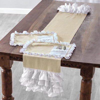 Natural and White Cotton Ruffled Table Runner Set