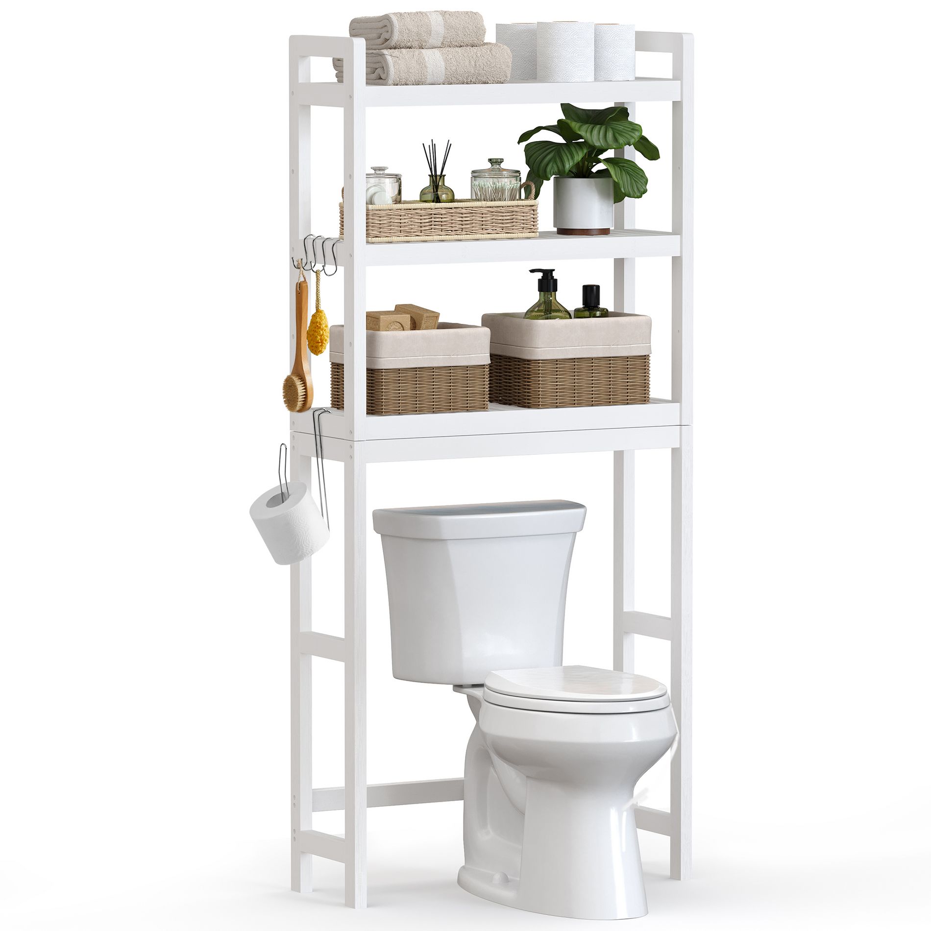 SONGMICS Over The Toilet Storage, 3-Tier Over Toilet Bathroom Organizer with Adjustable Shelf, 10.2 x 24.8 x 66.9 Inches, Space-Saving, Cloud White