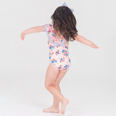 RuffleButts Girls Ruffle V-Back One Piece - Coastal Breeze Floral, Size: 8 — фото 3