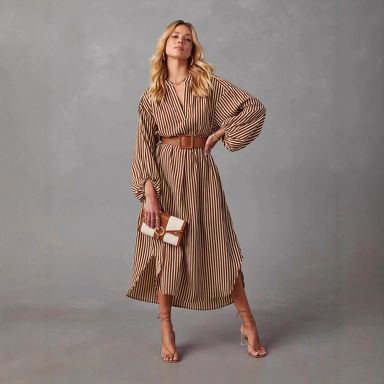 YESFASHION Women's Striped Maxi Shirt Dress Casual Balloon Long Sleeve V Neck Side Slit Curve Hem Long Dresses with Belt L Khaki : Target