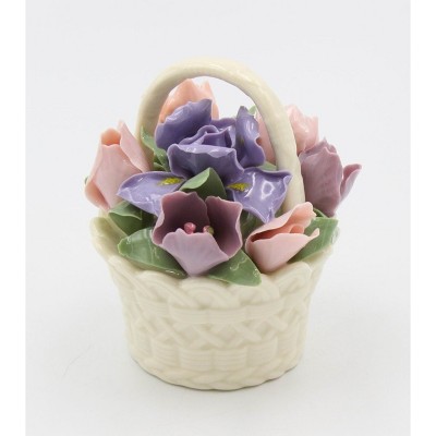 Spring Floral Ceramic Basket Figurine with Iris Flowers