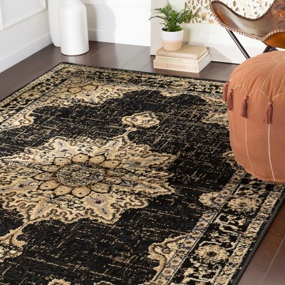Pense Traditional Black and Beige Synthetic Fur Area Rug 5'3" x 7'9"