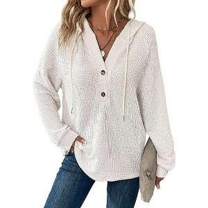 Womens Sweatershirts Waffle Knit Drawstring Button V Neck Long Sleeve Hooded Top - 1 of 3