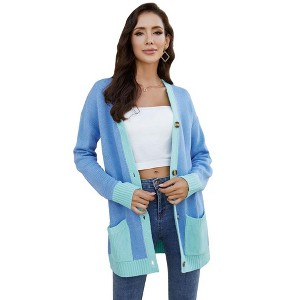 Whizmax Women Overized Open Front Knitted Long Sleeve Button Down Chunky Colorblock Outwear Cardigan with Pocket Lack Blue S - 1 of 4
