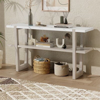 Retro Console Table, Sofa Table, Narrow Entryway Table With Marble-Effect Top, 2-Tier Open Storage Shelf, Storage Solutions For Hallway, Living Room