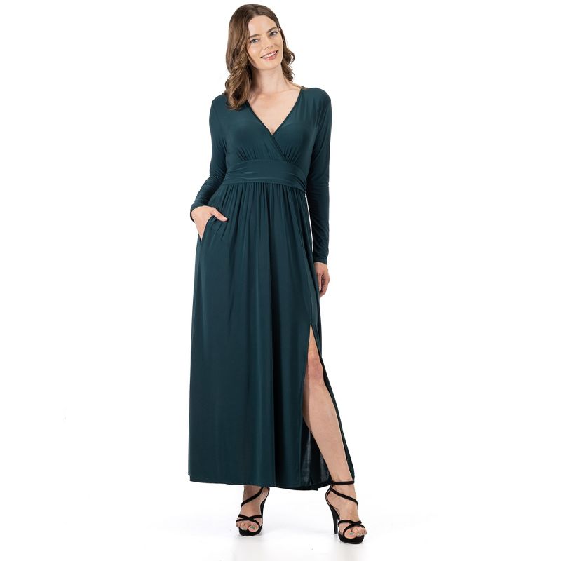 24seven Comfort Apparel Womens Long Sleeve V Neck Side Slit Maxi Dress, 1 of 5