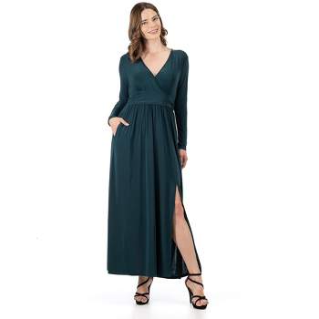 24seven Comfort Apparel Womens Long Sleeve V Neck Side Slit Maxi Dress