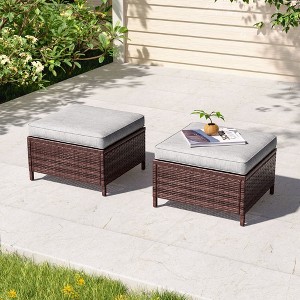 Sonkuki 2-Piece Ottomans with Solution-Dyed Fabric Cushion, All-Weather Wicker Ottomans, Ideal for Patio - 1 of 4