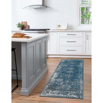 Blue and Ivory Low Pile Reversible Runner Rug