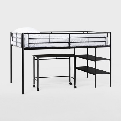 Twin Analise Metal Low Kids' Loft Bed with Desk & Storage Black - Saracina Home: Bunk Bed with Built-In Bookcase