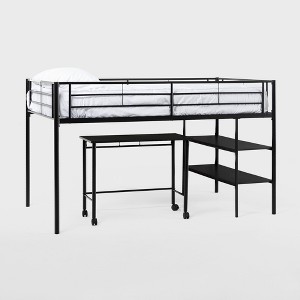 Twin Analise Metal Low Kids' Loft Bed with Desk & Storage Black - Saracina Home: Bunk Bed with Built-In Bookcase - 1 of 4