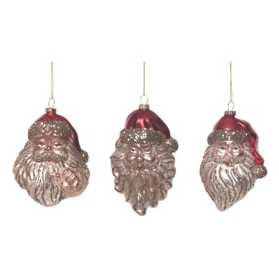 Transpac Glass Gold Glitter Santa Head Ornament Set of 3 Christmas Home Decorations