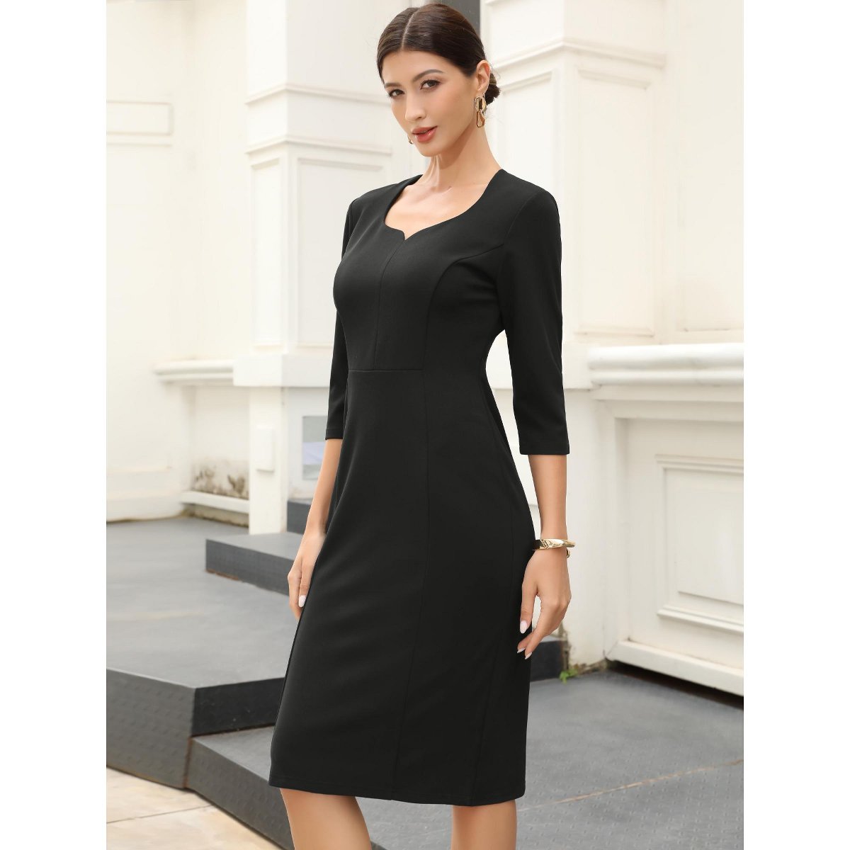 Женские платья INSPIRE CHIC Women's 3/4 Sleeve Sweet Heart Neck High Waist Office Midi Dress Small Black — фото 4