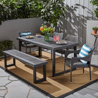 Christopher Knight Home Nelly 6 Piece Outdoor Acacia Wood Dining Set with Stackable Wicker Chairs and Bench