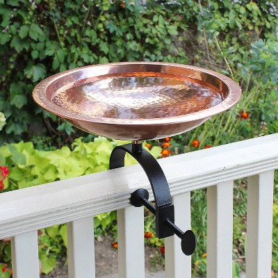 Hammered Copper Birdbath with Black Wrought Iron Rail Bracket