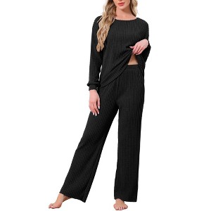 INSPIRE CHIC Womens Ribbed Knit Fuzzy Pajamas Long Sleeve Top and Pants Outfits Lounge Sets - 1 of 4