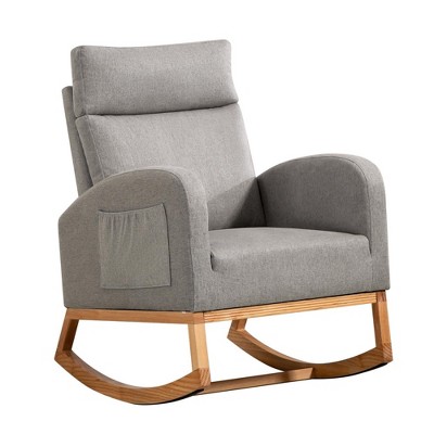 Rocking Chair Nursery with Headrest, Linen Upholstered Glider Rocking Chair with Rubber Wood Legs and Side Pocket, Modern Accent Armchair