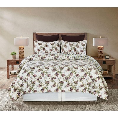 Twin-Sized Blue and Beige Reversible Cotton Quilt Set with Pine Motif