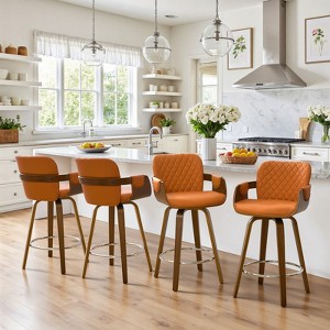 Bekrvio 26" Swivel Counter Stools with Back & Arms, Faux Leather Mid-Century Bar Stools for Kitchen Island, Walnut Frame, Set of 1/2/3/4 - 1 of 4