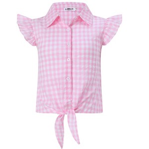 Clearlove Girls Sleeveless Plaid Button Down Shirt Summer Cropped Top with Tie Waist and Ruffled Hem Cute Casual Blouse Pink 160 - 1 of 4