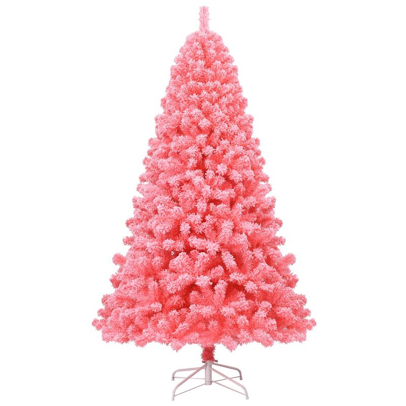 Costway 7.5ft Snow Flocked Hinged Artificial Christmas Tree w/ Metal Stand Pink, 1 of 13