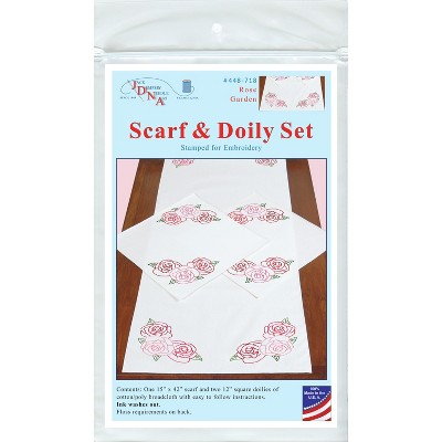 Jack Dempsey Stamped Dresser Scarf & Doilies Perle Edge-Rose Garden