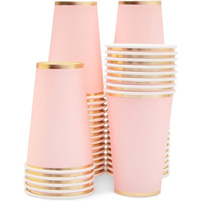 Juvale 50-Pack Light Pink Disposable Paper Cups with Gold Foil 12 oz Party Supplies