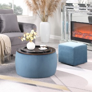 Round Ottoman Set with Wood Grain Lid and Storage with 2-in-1 Combination and Square Footrest with No Assembly Required - 1 of 4