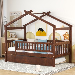 Bellemave Twin Size House Bed with Trundle, Montessori Style Bed with Guardrails for Kids, Boys, Girls, Brown - 1 of 4