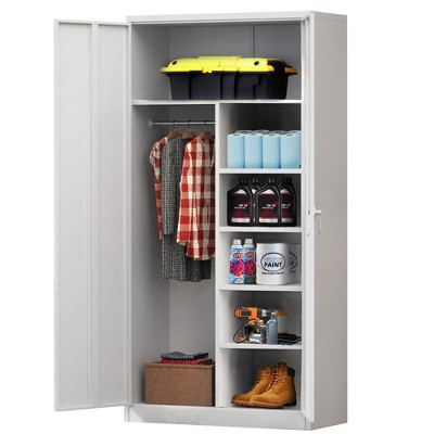 AOBABO White Metal Wardrobe Storage Cabinet with Adjustable Shelves and Lockable Doors