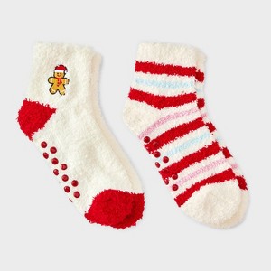 Kid's Embroidered Gingerbread Man Christmas 2pk Cozy Ankle Socks with Grippers - Ivory/Red/Pink 2-5 - 1 of 3
