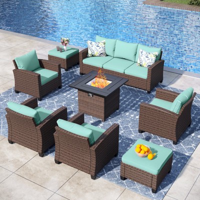 Captiva Designs 8pc Outdoor Patio Wicker Rattan Cushioned Fire Pit Set with Ottomans and Single Sofas